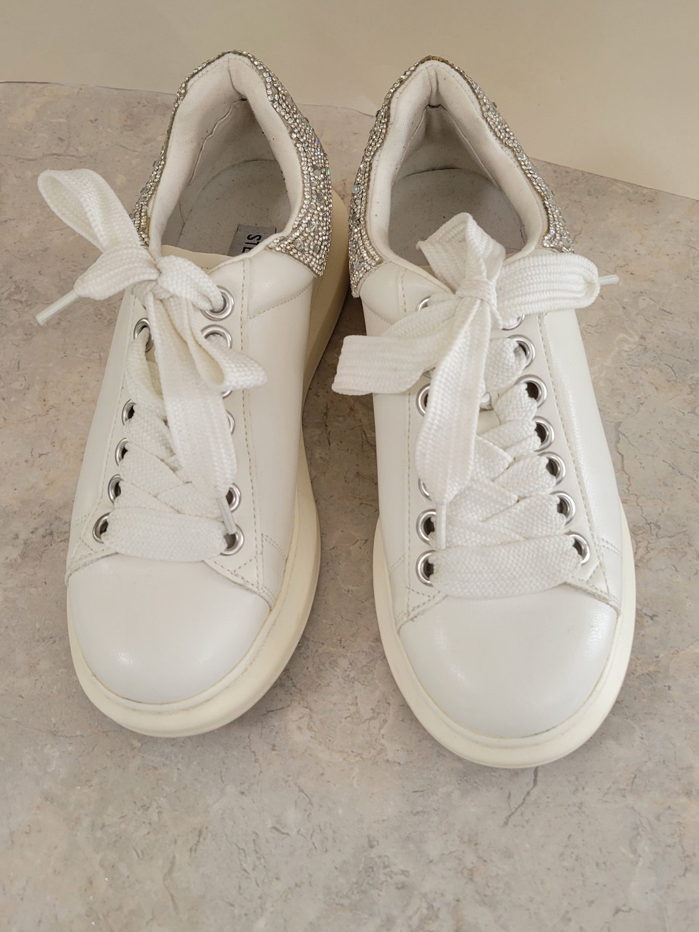 Steve Madden White Sneakers with Silver Crystal Heel